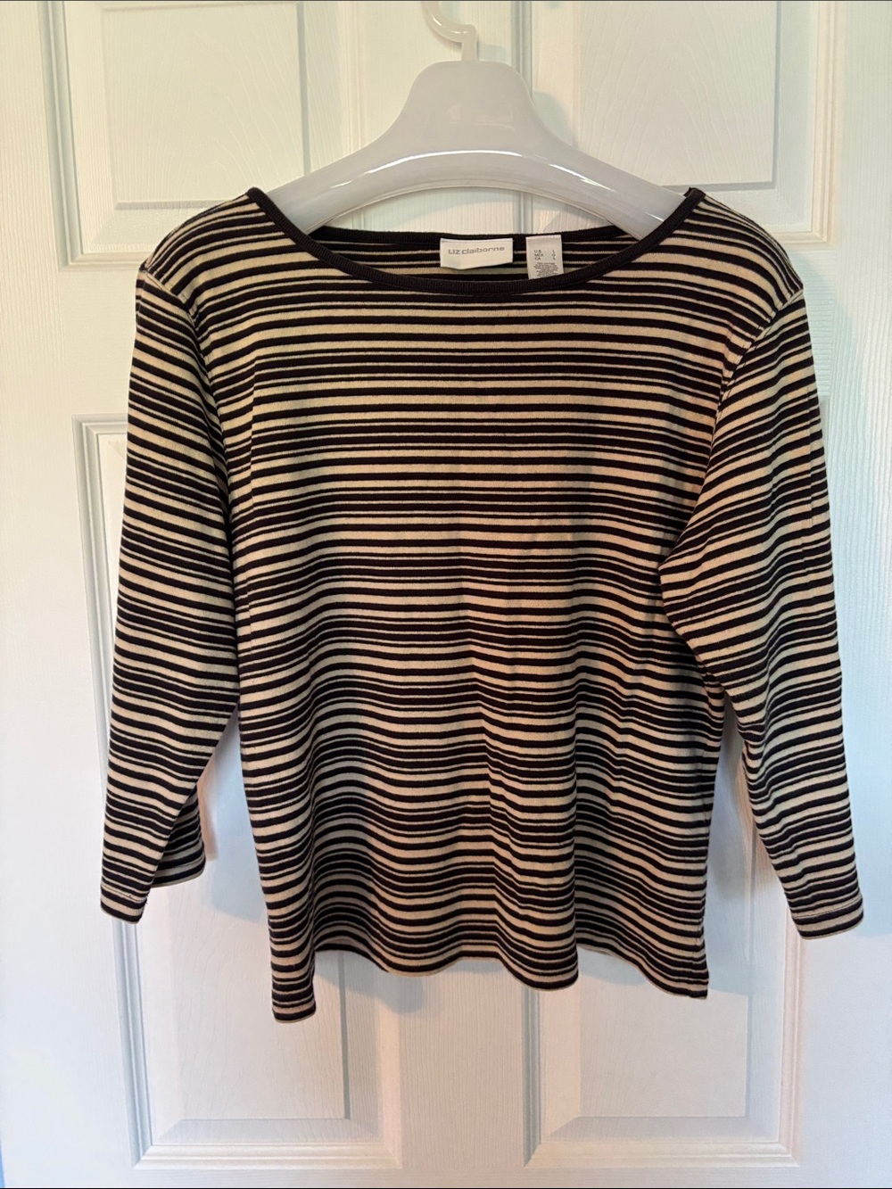 Liz Claiborne Black and Cream Striped Long Sleeve Boatneck Top